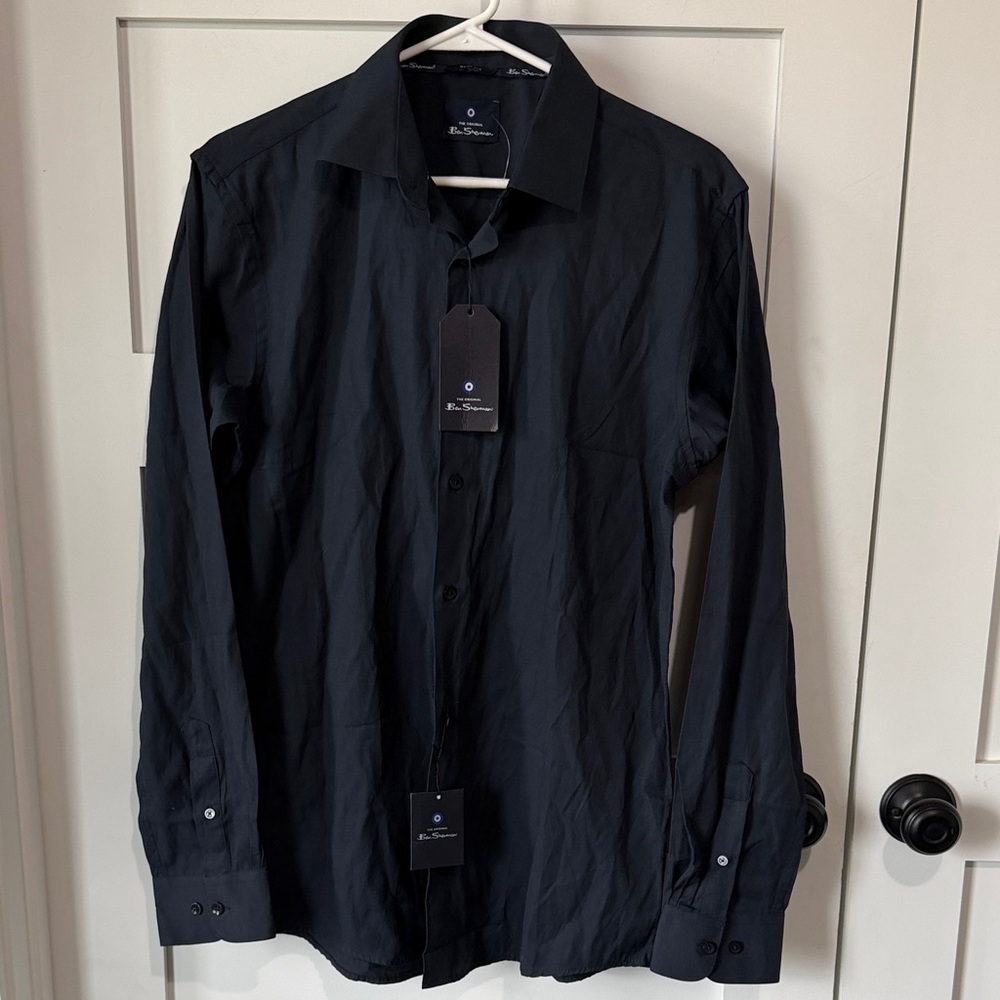 Ben Sherman Navy Basketweave Dobbie Dress Shirt New